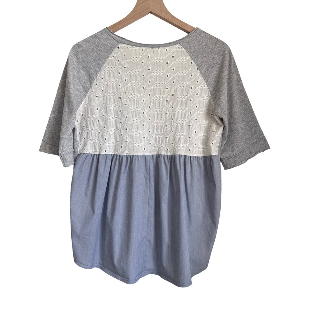 Alessia Pacini Italian Mixed Media Eyelet Back Top Gray Blue Striped Size M - Picture 4 of 10